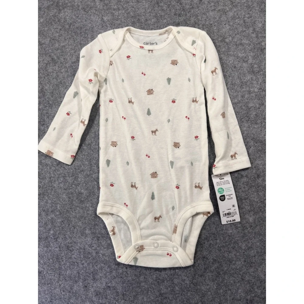 Carter's Child of Mine Long Sleeve Bodysuit 12m White Woodland‎ Print Cotton